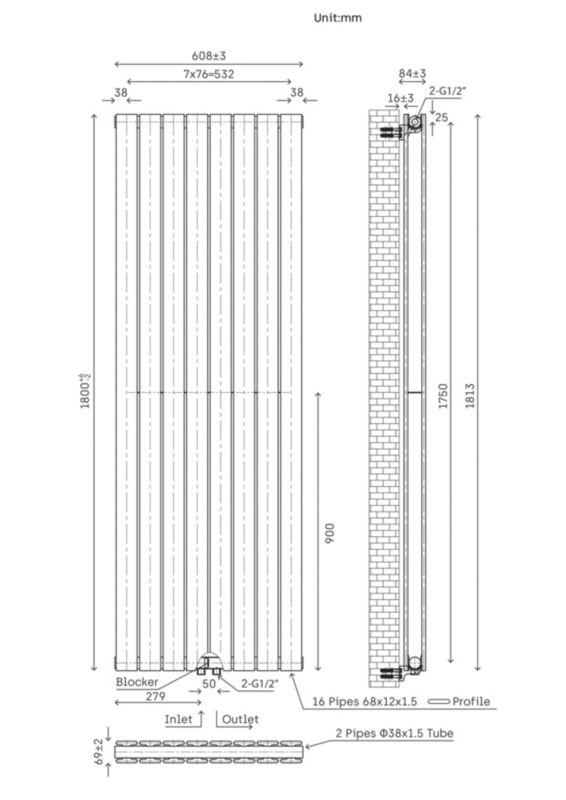 Grzejnik dekoracyjny Faringdon 180 x 60,8 cm czarny