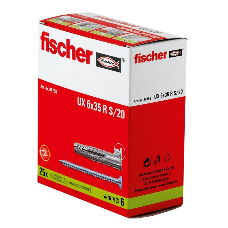 Kołki uniwersalne Fischer UX 6 x 35 mm z wkrętami 25 szt