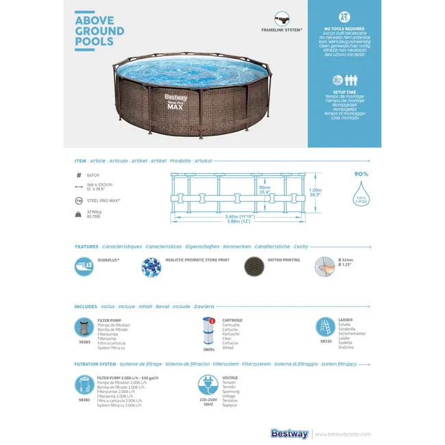 Basen stelażowy Bestway 366x100 cm Steel Pro Max 56709