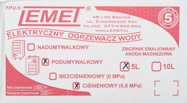 Bojler elektryczny wody 5 L podumywalkowy 1500 W Lemet