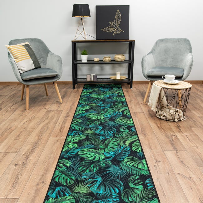 Chodnik dywanowy na mb Monstera zielony w liście szer. 100 cm