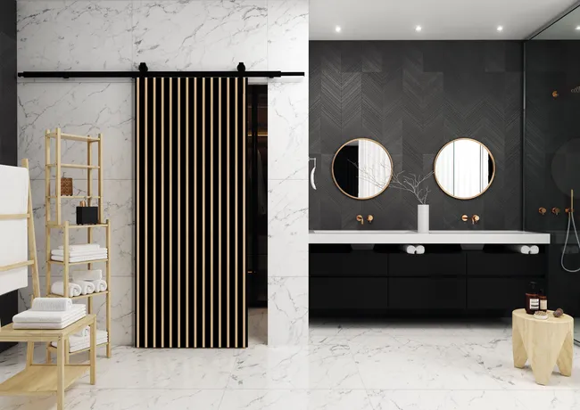 Drzwi przesuwne pełne czarny mat lamele dąb piaskowy 90 lewe Artens