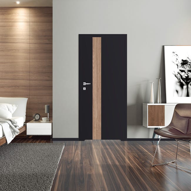 Drzwi wewnętrzne bezprzylgowe łazienkowe z podcięciem wentylacyjnym Tula Uni Black 60 lewe czarne aplikacje orzech karmel Classen
