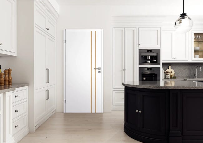 Drzwi wewnętrzne pełne Intarsja Białe z dekorem dąb piaskowy 80 lewe Artens