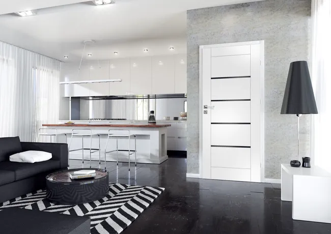 Drzwi wewnętrzne pokojowe Vinci Nero białe czarna szyba 90 prawe Voster