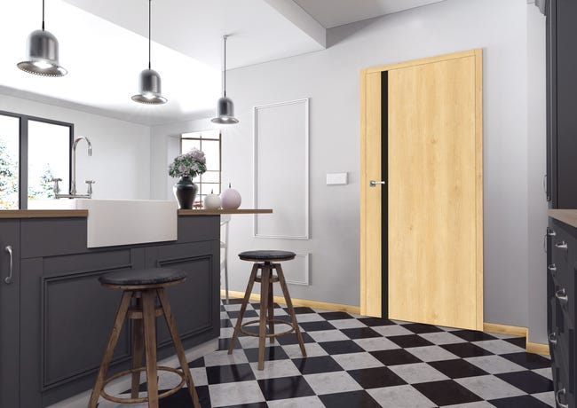Drzwi wewnętrzne pokojowe bezprzylgowe Revers Dąb piaskowy szyba czarna 90 Uniwersalne Artens