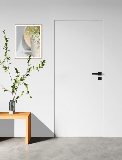 Drzwi wewnętrzne ukryte pełne 80 Lewe otwierane do wewnątrz białe do malowania