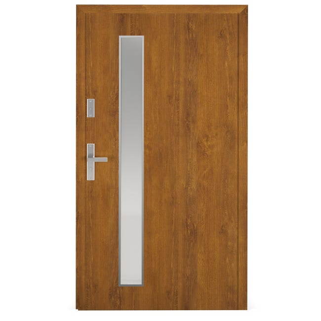 Drzwi zewnętrzne aluminiowo stalowe wejściowe Titanium złoty dąb 90 lewe Wiśniowski