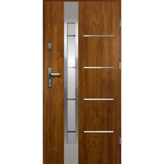 Drzwi zewnętrzne stalowe wejściowe Adriana 68 7 złoty dąb 80 Prawe Ok Doors Trendline