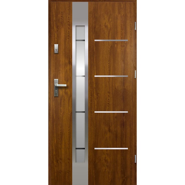 Drzwi zewnętrzne stalowe wejściowe Adriana 68 7 złoty dąb 90 Prawe Ok Doors Trendline