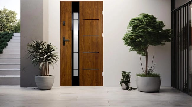 Drzwi zewnętrzne stalowe wejściowe Adriana 68 7 złoty dąb czarne 90 prawe OK Doors Trendline