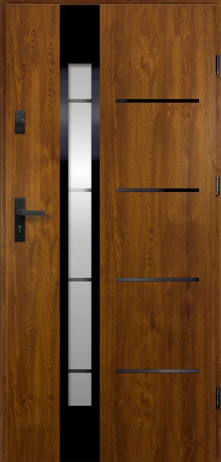 Drzwi zewnętrzne stalowe wejściowe Adriana 68 7 złoty dąb czarne 90 prawe OK Doors Trendline