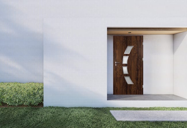 Drzwi zewnętrzne stalowe wejściowe Arco orzechowe 90 prawe OK Doors Trendline