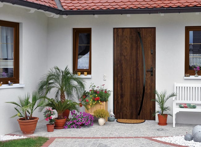 Drzwi zewnętrzne stalowe wejściowe Helios Black orzechowo-czarne 90 lewe OK Doors Trendline