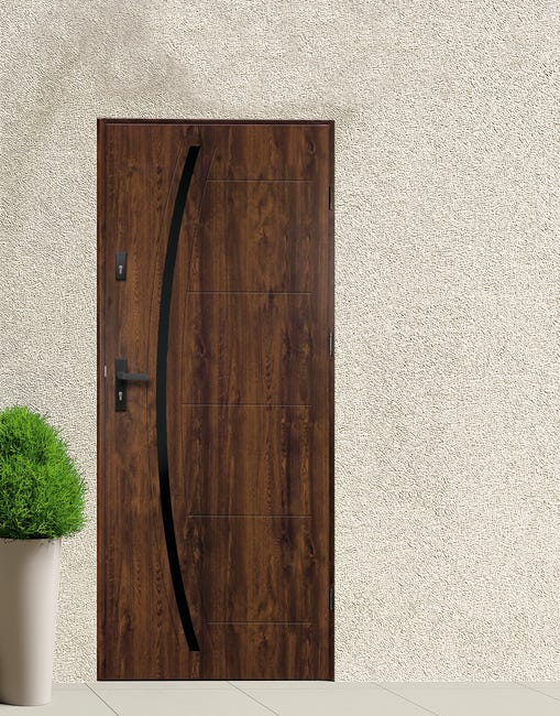 Drzwi zewnętrzne stalowe wejściowe Helios Black orzechowo-czarne 90 prawe OK Doors Trendline