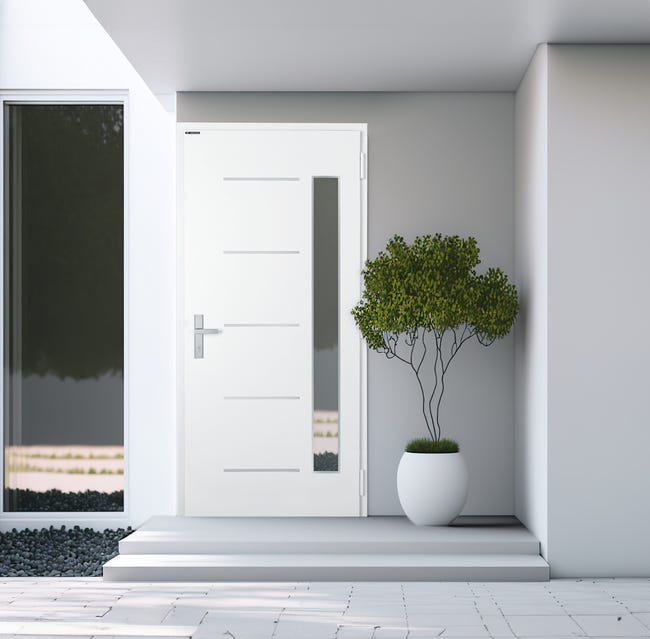 Drzwi zewnętrzne wejściowe stalowe szyba silver lustro weneckie Novia białe 90 prawe Wiśniowski