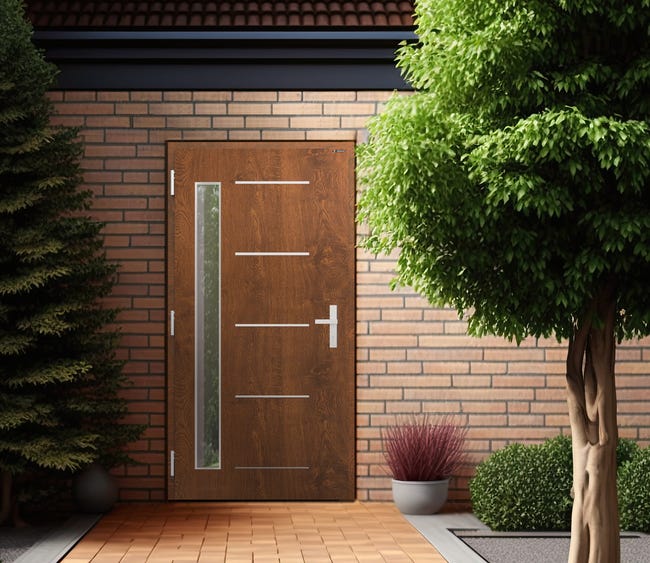 Drzwi zewnętrzne wejściowe stalowe szyba silver lustro weneckie Novia orzechowe 90 lewe Wiśniowski