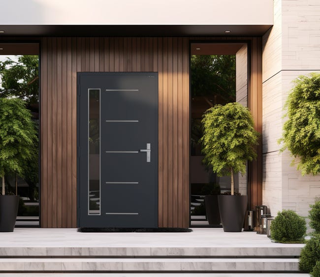 Drzwi zewnętrzne wejściowe stalowe szyba silver z efektem (lustra weneckiego) Novia antracytowe 90 lewe Wiśniowski