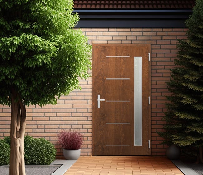 Drzwi zewnętrzne wejściowe stalowe szyba szara Novia orzechowe 90 prawe Wiśniowski