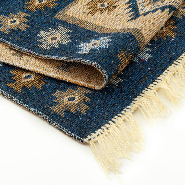 Dywan z frędzlami Kilim dwustronny niebieski 60 x 120 cm