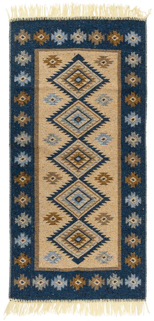 Dywan z frędzlami Kilim dwustronny niebieski 80 x 150 cm