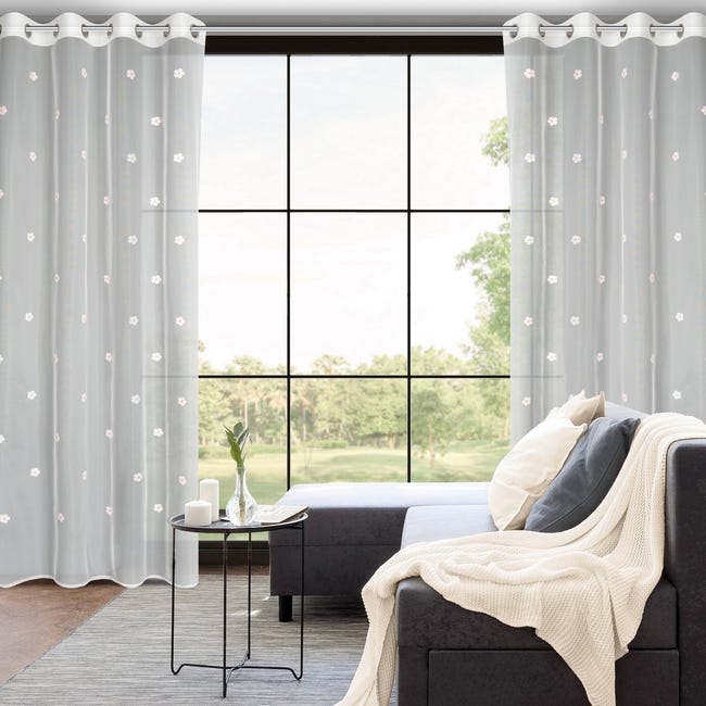 Firana na przelotkach Elsa w kwiatki 140 x 250 cm biało-różowa