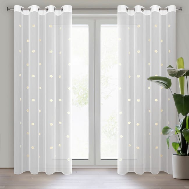 Firana na przelotkach Elsa w kwiatki 140 x 250 cm biało-żółta