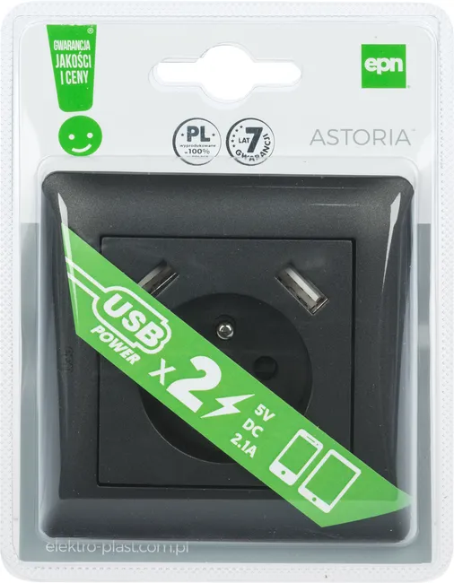 Gniazdo pojedyncze ASTORIA z 2 x USB czarny ELEKTRO-PLAST