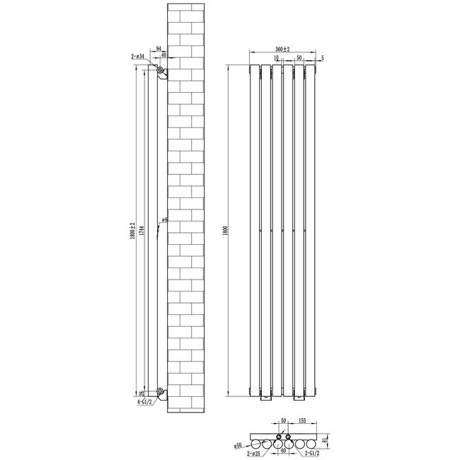 Grzejnik ROUND 180x36 Biały 955W ZDC Roz 5cm 10 Bar DURATERM