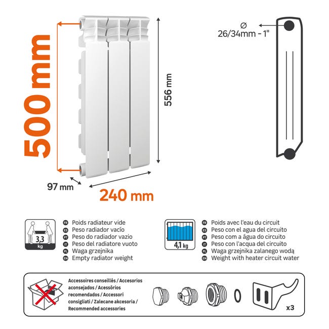 Grzejnik X500 55.6x24 Biały B 330W 3EL Roz 50cm 16 Bar EQUATION