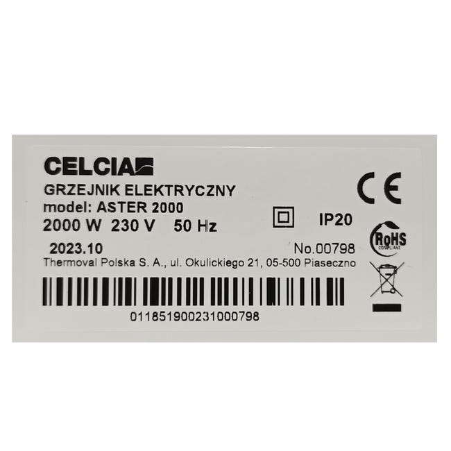 Grzejnik konwektorowy stały ASTER 2000W IP20 CELCIA