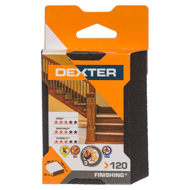 Gąbka ścierna P120 CZTEROSTRONNA ŚCIĘTA 100 x 80 mm DEXTER