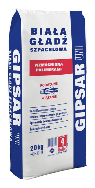 Gładź szpachlowa biała wzmocniona polimerami Gipsar uni 20 kg
