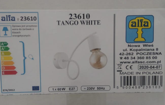 Kinkiet TANGO biały E27 ALFA