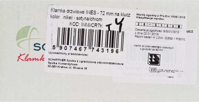 Klamka do drzwi wewnętrznych z długim szyldem pod klucz Ines 72 Nikiel Chrom Schaffner