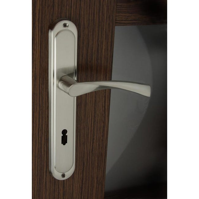 Klamka do drzwi wewnętrznych z długim szyldem pod klucz Romana 72 Nikiel szczotkowany Domino