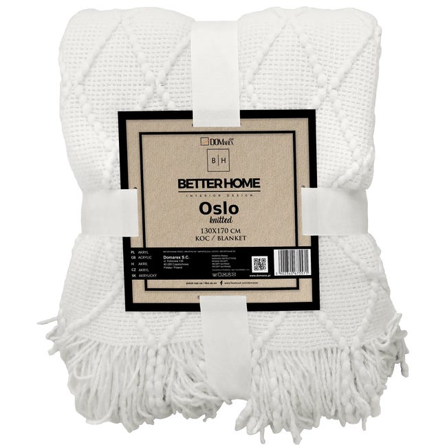 Koc Oslo biały z frędzlami 130 x 170 cm