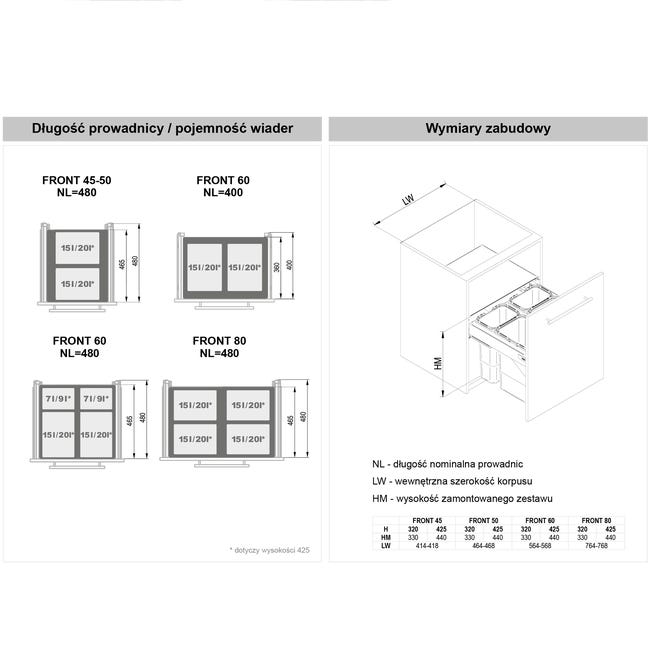 Kosz na śmieci do zabudowy Segrego 60 H=42,5 cm 2 x 20 l Rejs