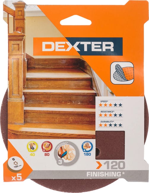 Krążek ścierny NA RZEP 6 OTW P120 150 mm 5 szt. DEXTER