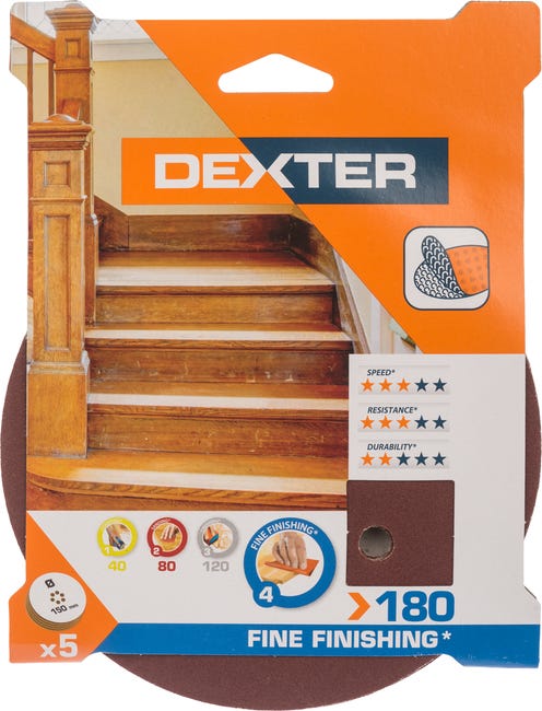 Krążek ścierny NA RZEP 6 OTW P180 150 mm 5 szt. DEXTER