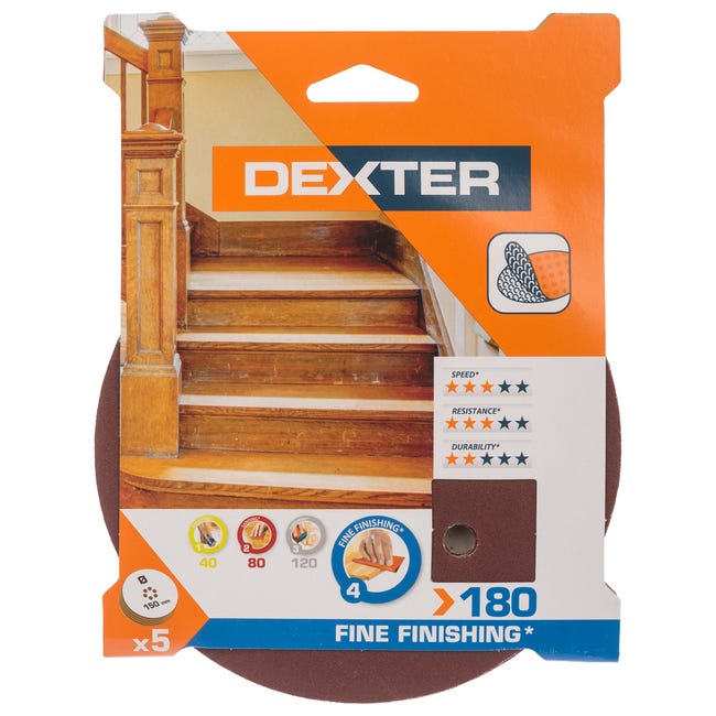 Krążek ścierny NA RZEP 6 OTW P180 150 mm 5 szt. DEXTER