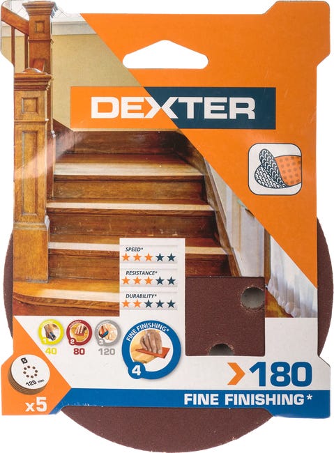 Krążek ścierny NA RZEP 8 OTW P180 125 mm 5 szt. DEXTER