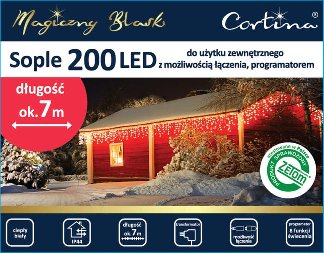 Kurtyna zewnętrzna sople 7m 200 LED ciepłe białe