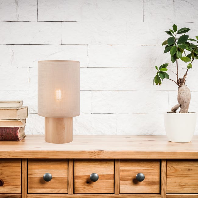 Lampa stołowa Ari beżowa z drewnem E27 Lamkur