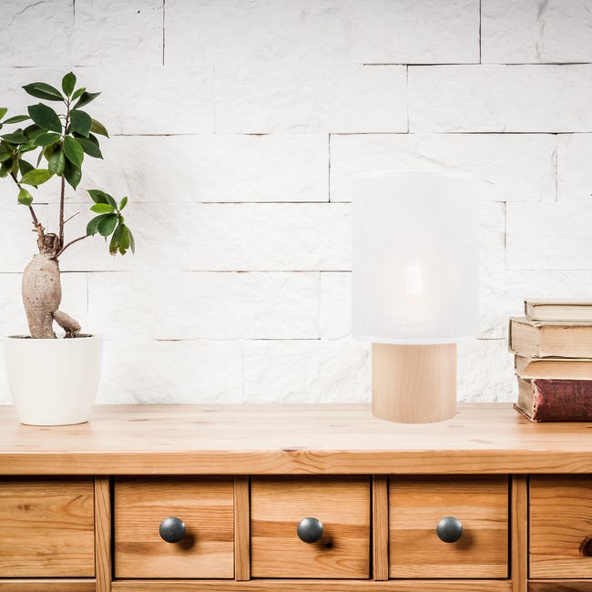 Lampa stołowa Ari biała z drewnem E27 Lamkur