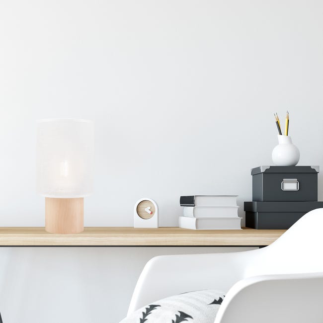 Lampa stołowa Ari biała z drewnem E27 Lamkur