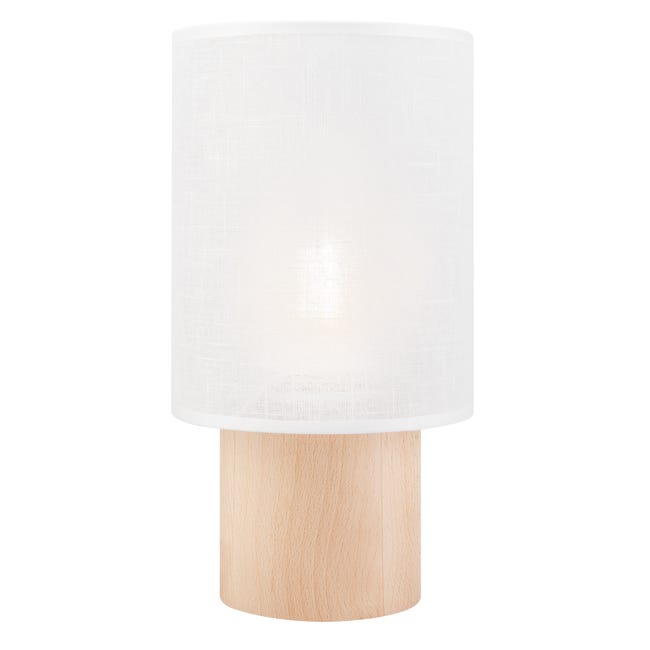 Lampa stołowa Ari biała z drewnem E27 Lamkur