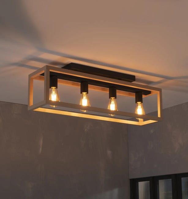 Lampa sufitowa Elgort czarna z drewnem 4 x E27 Inspire