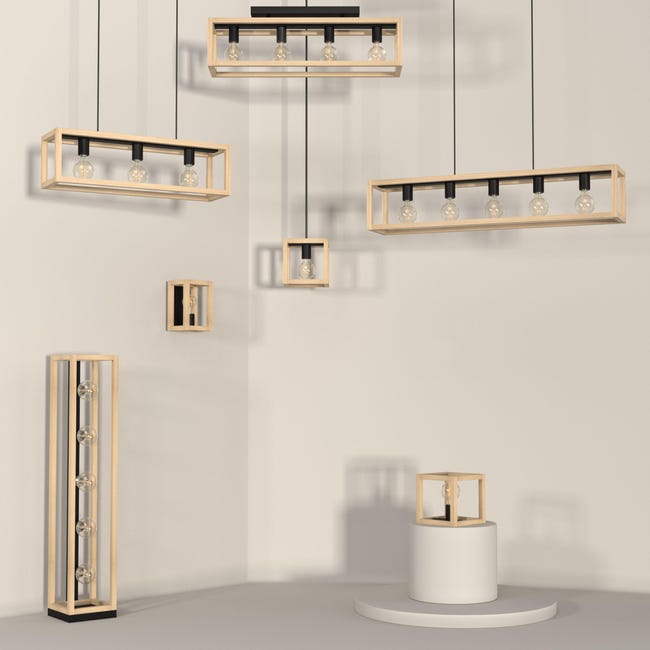 Lampa sufitowa Elgort czarna z drewnem 4 x E27 Inspire