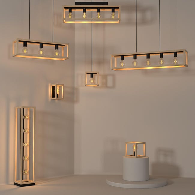 Lampa sufitowa Elgort czarna z drewnem 4 x E27 Inspire